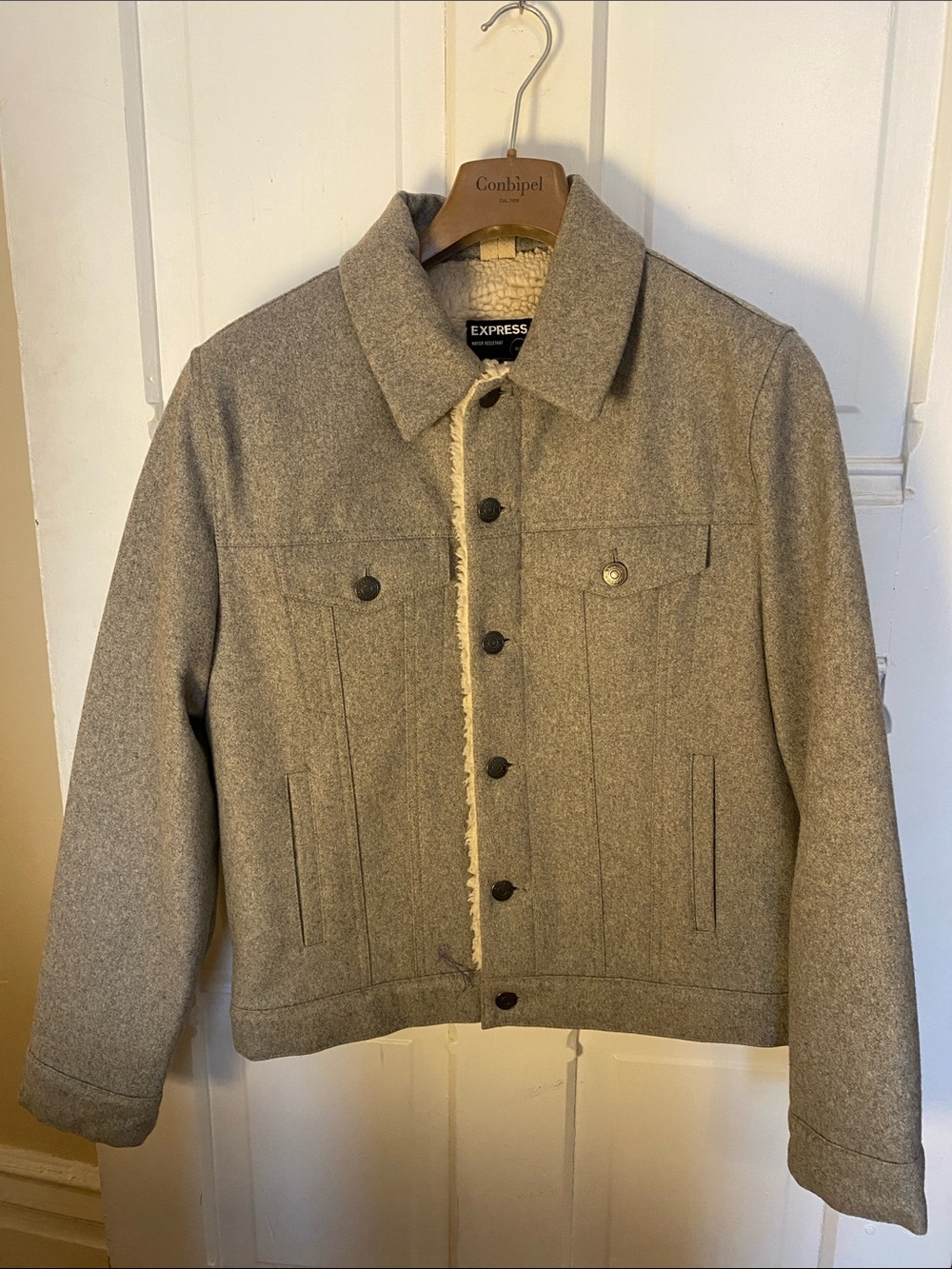 Express Men's Light Gray Sherpa-Trim Wool Shirt Jacket